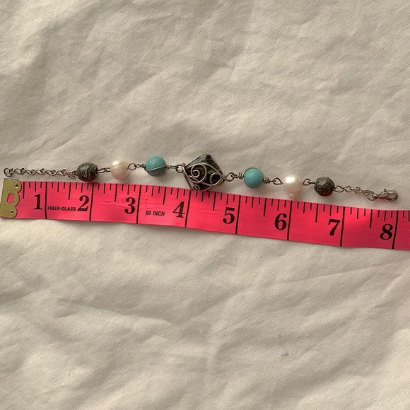 Malachite Turquoise and Pearl Wire Wrapped Silver Bracelet - Picture 3 of 3